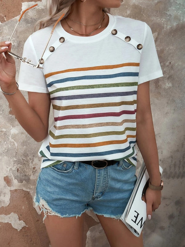 Stripe Print Button Short Sleeve Top BLUE ZONE PLANET