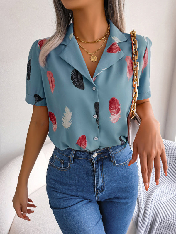 Delilah's Elegant Feather Print Loose Short Sleeve Shirt BLUE ZONE PLANET