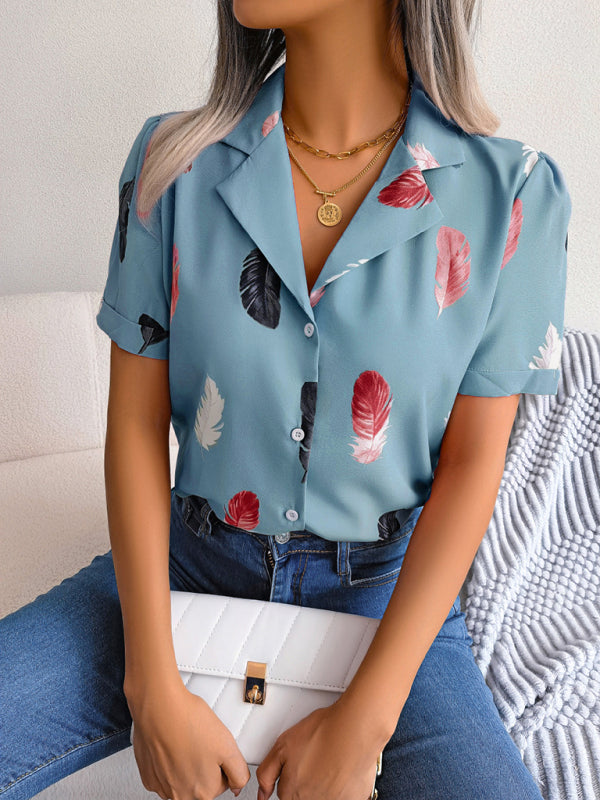 Delilah's Elegant Feather Print Loose Short Sleeve Shirt BLUE ZONE PLANET