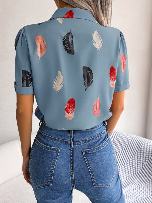 Delilah's Elegant Feather Print Loose Short Sleeve Shirt BLUE ZONE PLANET