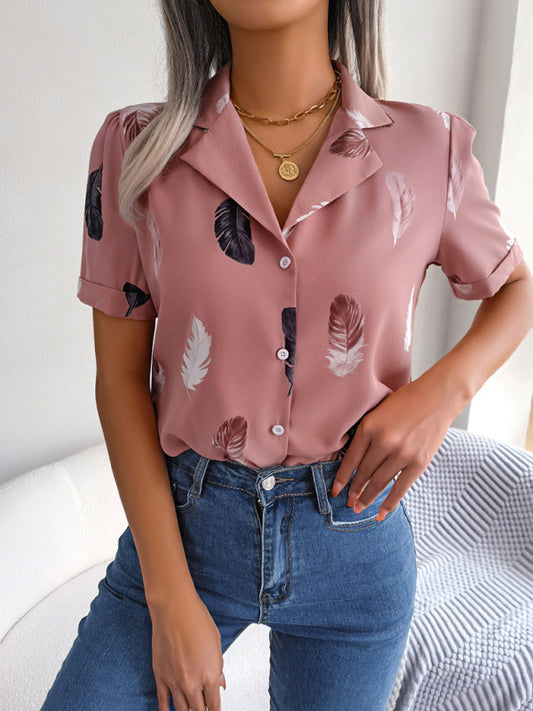 Delilah's Elegant Feather Print Loose Short Sleeve Shirt BLUE ZONE PLANET