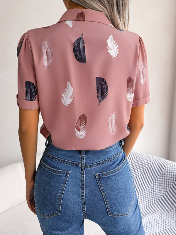 Delilah's Elegant Feather Print Loose Short Sleeve Shirt BLUE ZONE PLANET