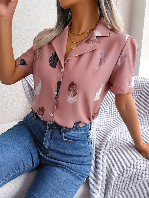 Delilah's Elegant Feather Print Loose Short Sleeve Shirt BLUE ZONE PLANET