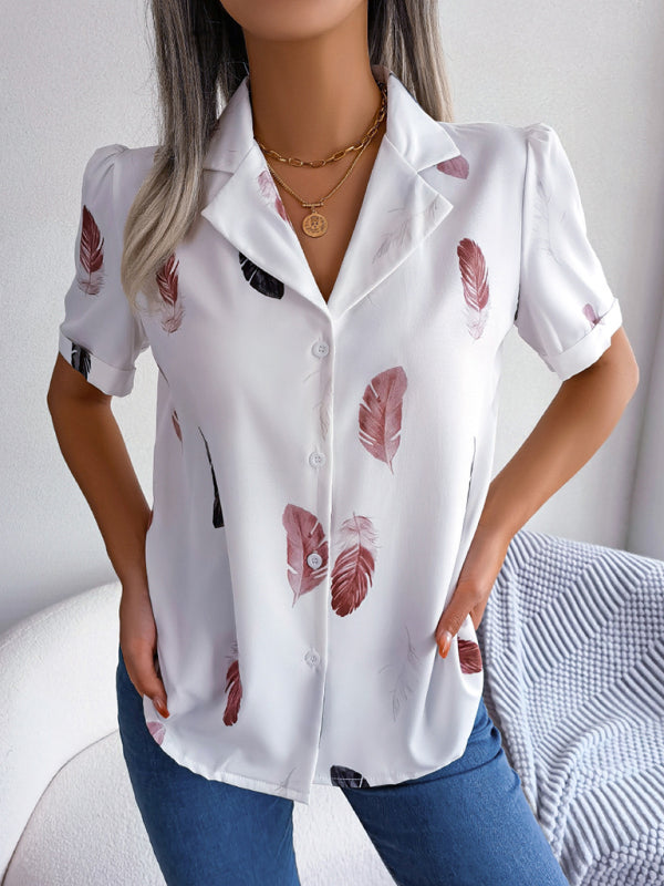 Delilah's Elegant Feather Print Loose Short Sleeve Shirt BLUE ZONE PLANET