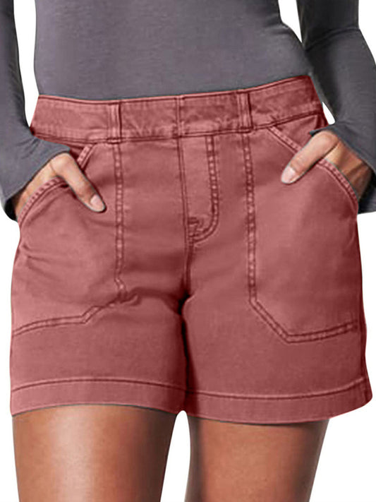 Blue Zone Planet |  New all-match women's high elastic twill large pocket solid color casual shorts