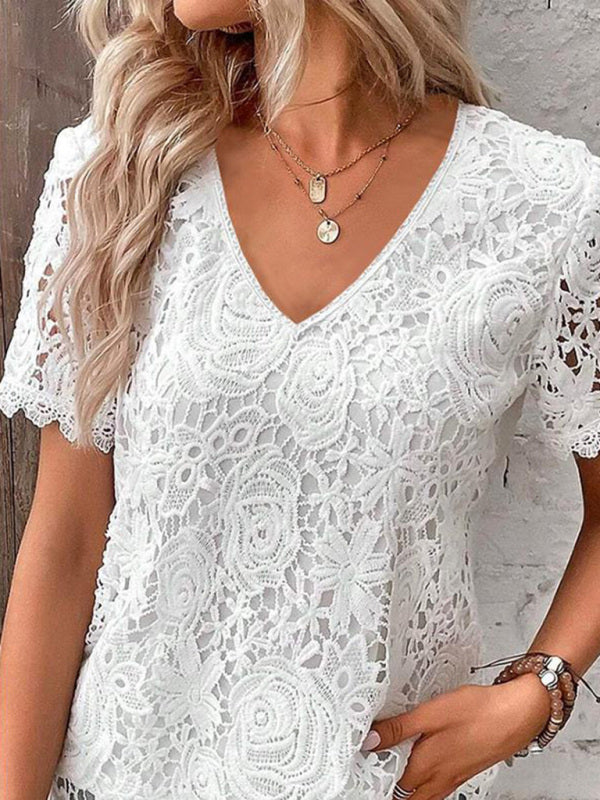 Summer new short-sleeved lace V-neck loose sweet pullover T-shirt kakaclo