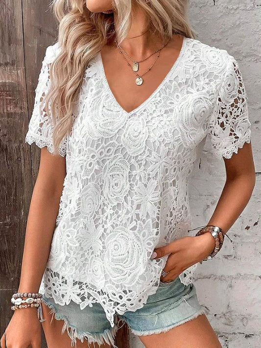 Summer new short-sleeved lace V-neck loose sweet pullover T-shirt kakaclo