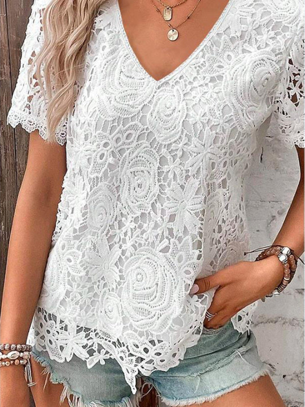 Summer new short-sleeved lace V-neck loose sweet pullover T-shirt kakaclo