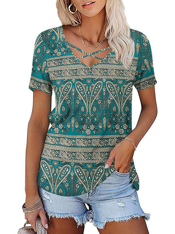 Blue Zone Planet |  knitted ethnic style V-neck short-sleeved T-shirt BLUE ZONE PLANET