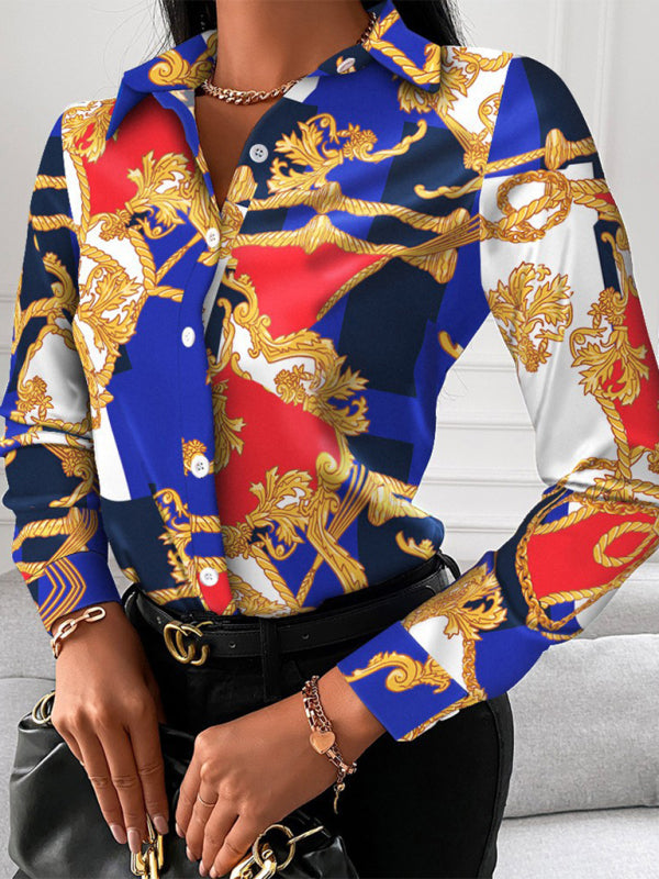 Women's Fashion Printed Long Sleeve Lapel Shirt kakaclo