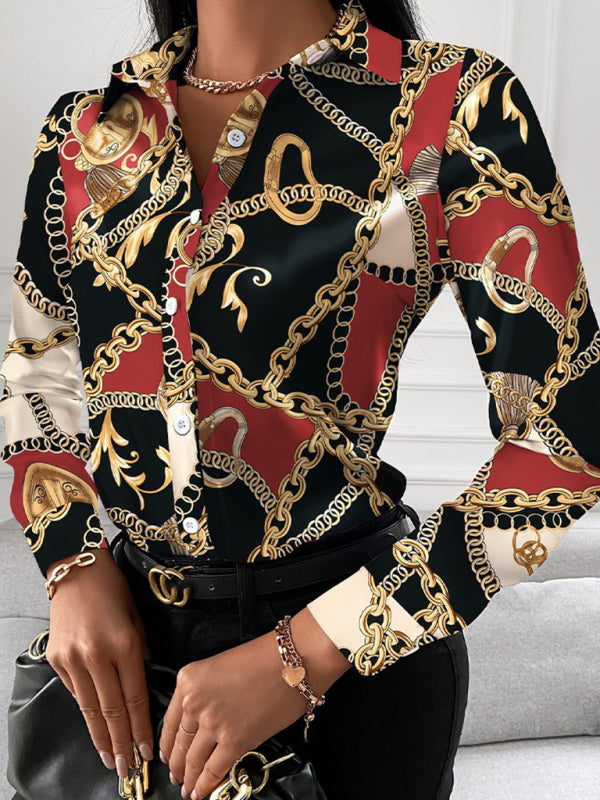 Women's Fashion Printed Long Sleeve Lapel Shirt kakaclo