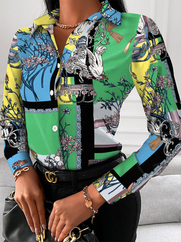 Women's Fashion Printed Long Sleeve Lapel Shirt kakaclo