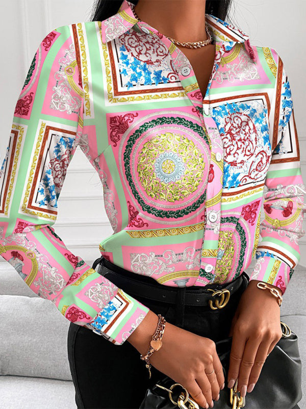 Women's Fashion Printed Long Sleeve Lapel Shirt kakaclo