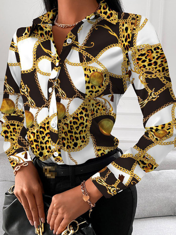 Women's Fashion Printed Long Sleeve Lapel Shirt kakaclo