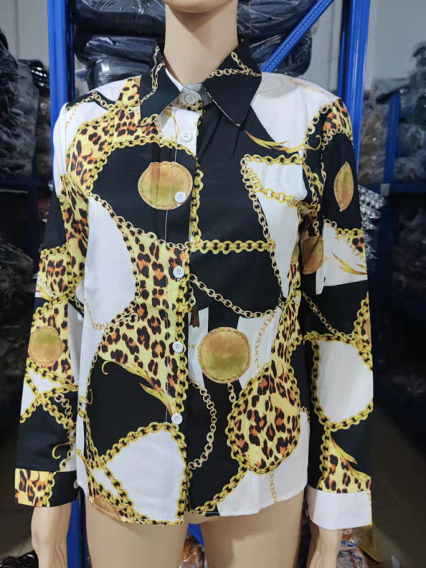 Women's Fashion Printed Long Sleeve Lapel Shirt kakaclo