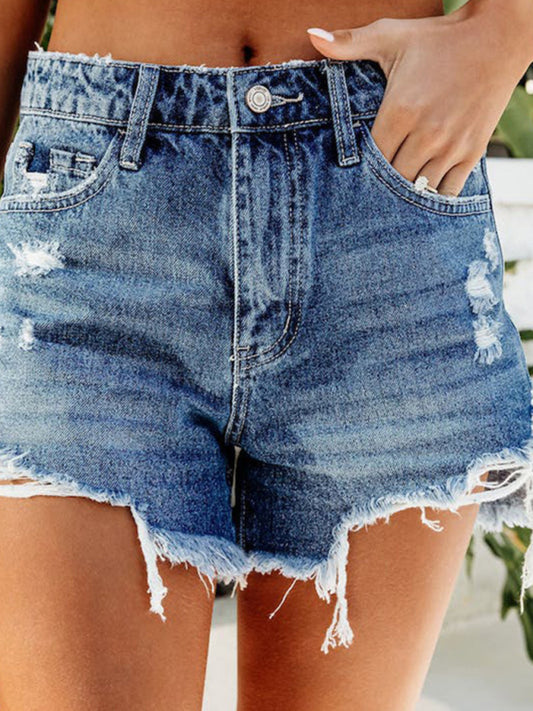 Comfortable denim shorts with frayed tassels and holes kakaclo