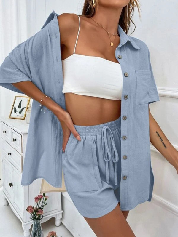 Loose-fit short-sleeve single-breasted shorts Two-piece solid-color shirt set-[Adult]-[Female]-Clear blue-S-2022 Online Blue Zone Planet