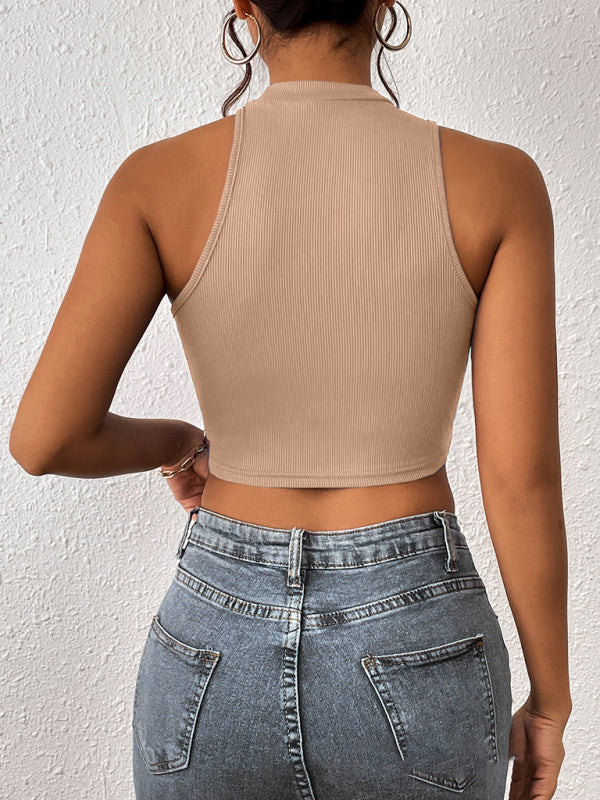 Women's Knitted Round Neck Cropped Asymmetrical Crop Tank Top kakaclo