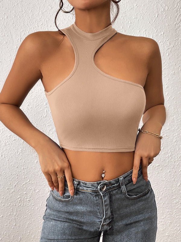 Women's Knitted Round Neck Cropped Asymmetrical Crop Tank Top kakaclo