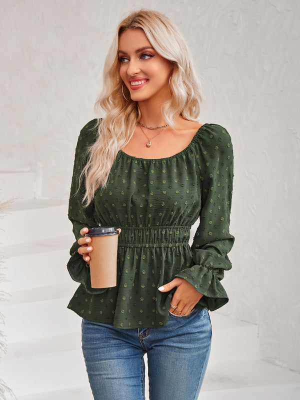 round neck waist solid color lotus leaf sleeve top BLUE ZONE PLANET