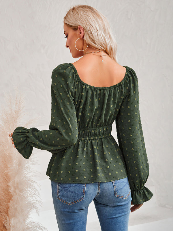 round neck waist solid color lotus leaf sleeve top BLUE ZONE PLANET