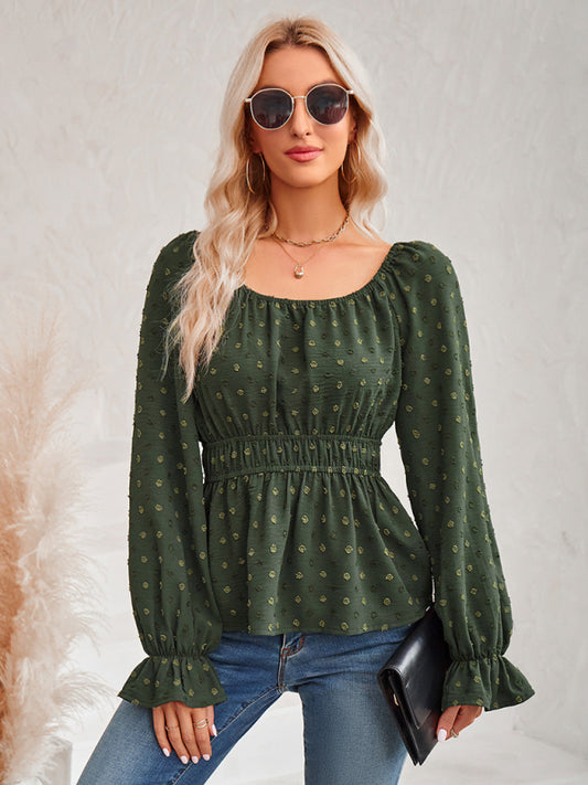 round neck waist solid color lotus leaf sleeve top BLUE ZONE PLANET