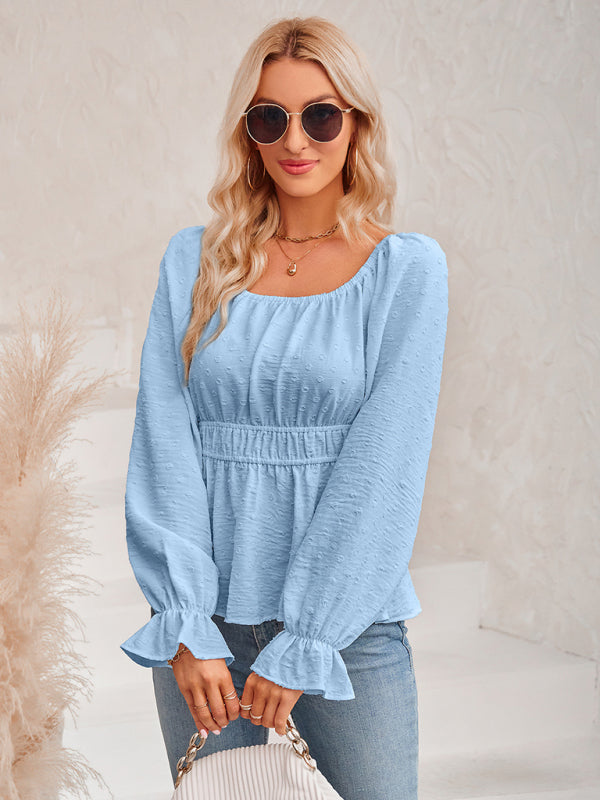 round neck waist solid color lotus leaf sleeve top BLUE ZONE PLANET