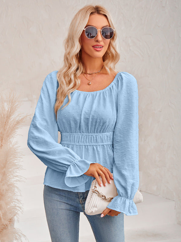 round neck waist solid color lotus leaf sleeve top BLUE ZONE PLANET