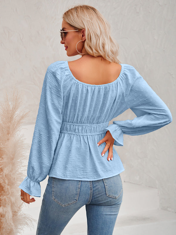 round neck waist solid color lotus leaf sleeve top BLUE ZONE PLANET