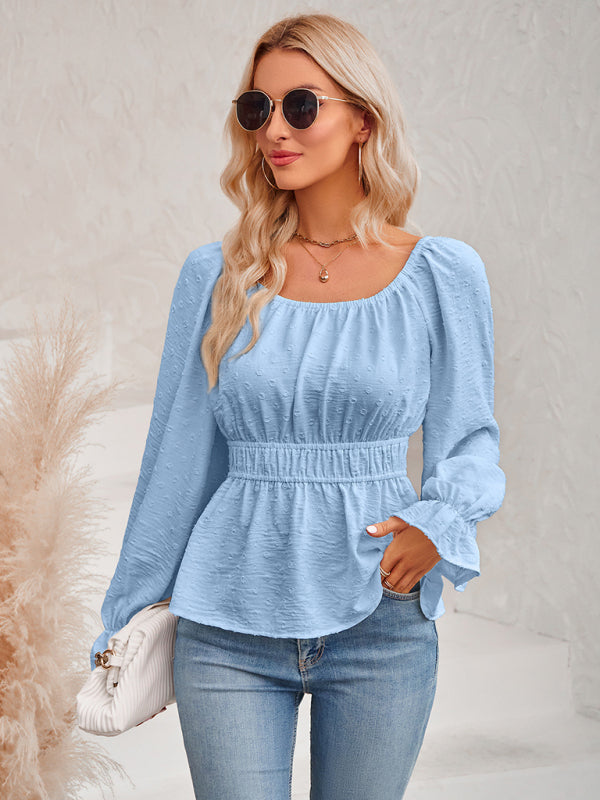 round neck waist solid color lotus leaf sleeve top BLUE ZONE PLANET