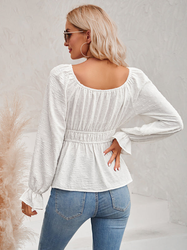 round neck waist solid color lotus leaf sleeve top BLUE ZONE PLANET