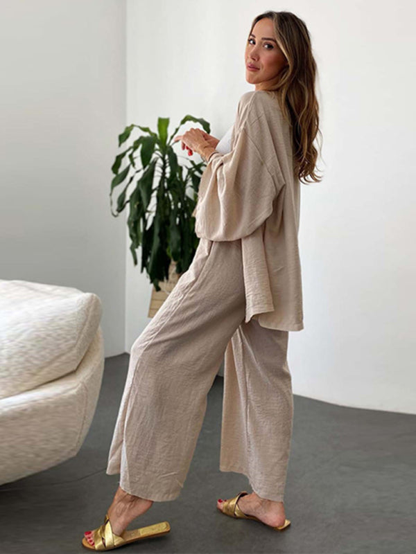 cotton and linen suit cardigan long-sleeved top pocket wide-leg trousers two-piece set BLUE ZONE PLANET