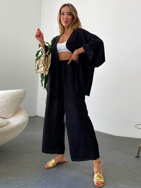 cotton and linen suit cardigan long-sleeved top pocket wide-leg trousers two-piece set BLUE ZONE PLANET