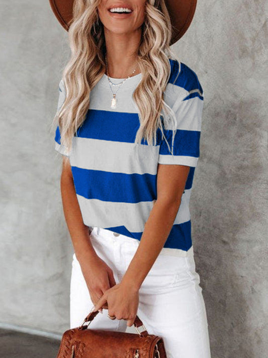 Blue Zone Planet |  able blue and white stripe print round neck short-sleeved T-shirt BLUE ZONE PLANET