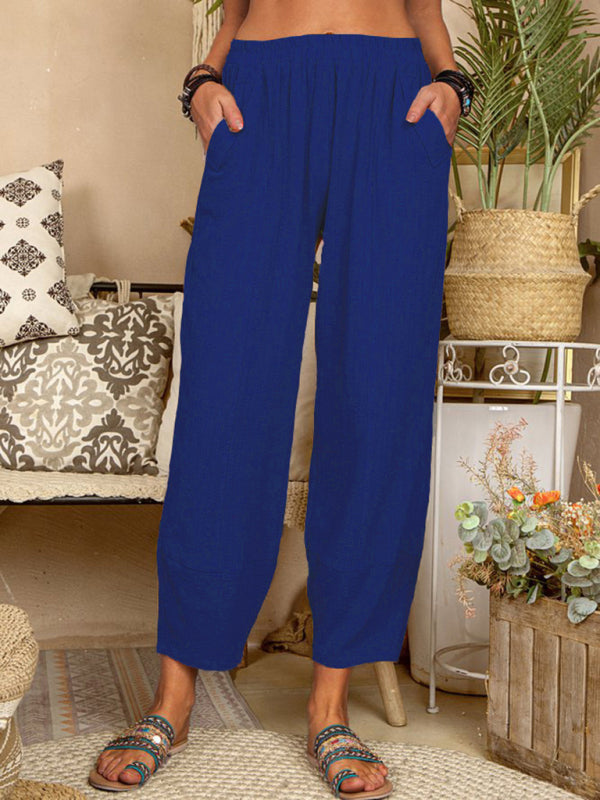 Blue Zone Planet |  Solid Color Loose Cotton Linen Pants Home Harem Pants BLUE ZONE PLANET