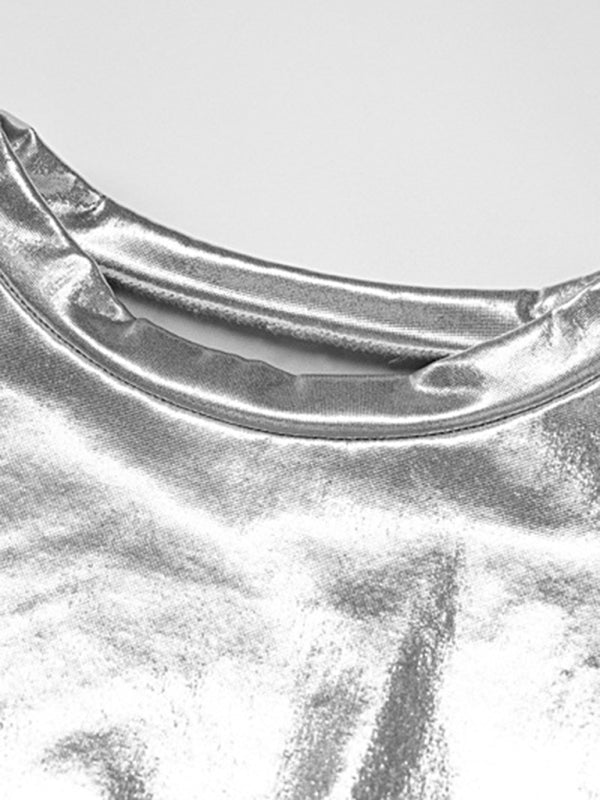 Metallic Round Neck Short Sleeve T-Shirt Top kakaclo