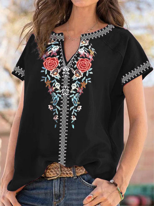 loose western ethnic style top short-sleeved t-shirt BLUE ZONE PLANET