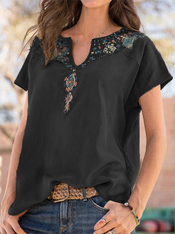 loose western ethnic style top short-sleeved t-shirt BLUE ZONE PLANET