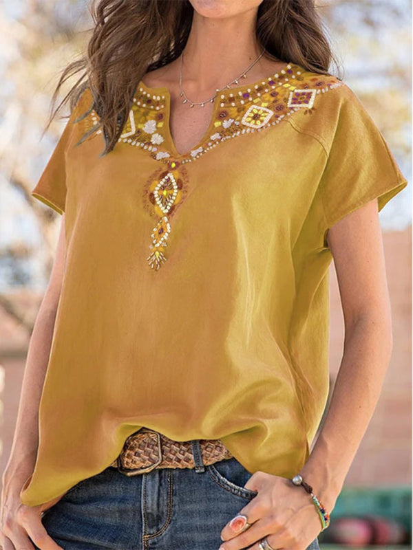 loose western ethnic style top short-sleeved t-shirt BLUE ZONE PLANET