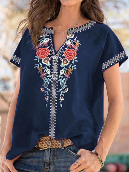 loose western ethnic style top short-sleeved t-shirt BLUE ZONE PLANET