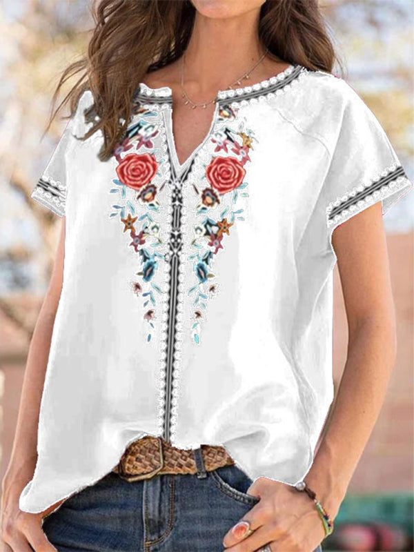 loose western ethnic style top short-sleeved t-shirt BLUE ZONE PLANET