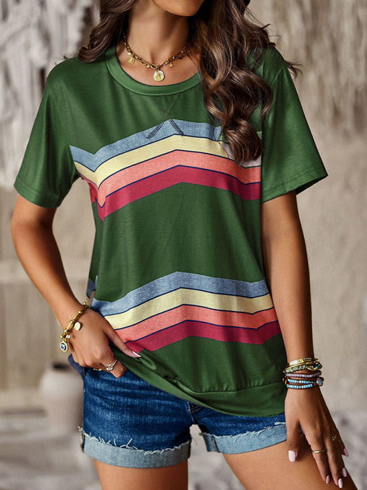 round neck T-shirt rainbow strip top