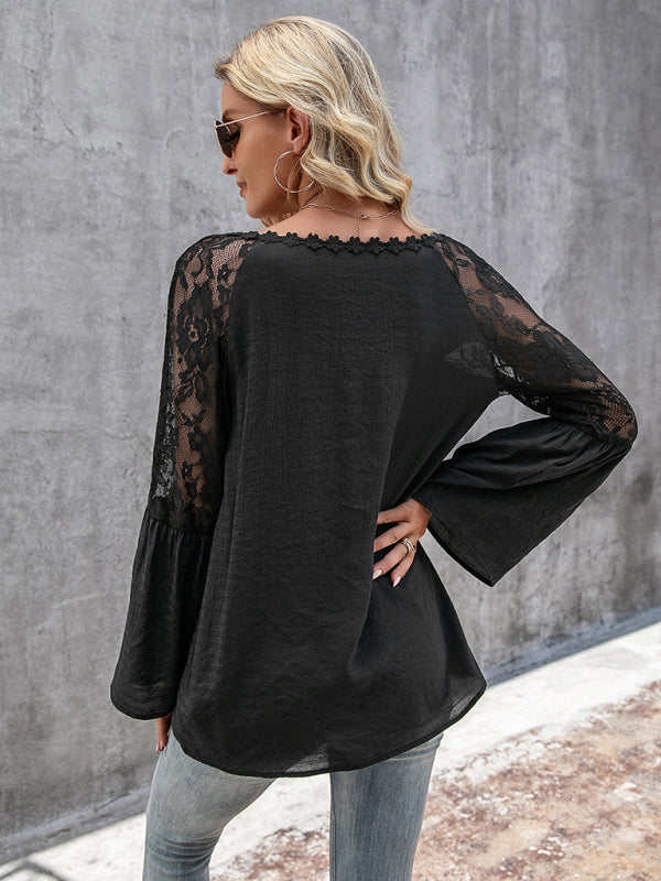 Roxie's solid color splicing see-through lace V-neck long-sleeved top BLUE ZONE PLANET