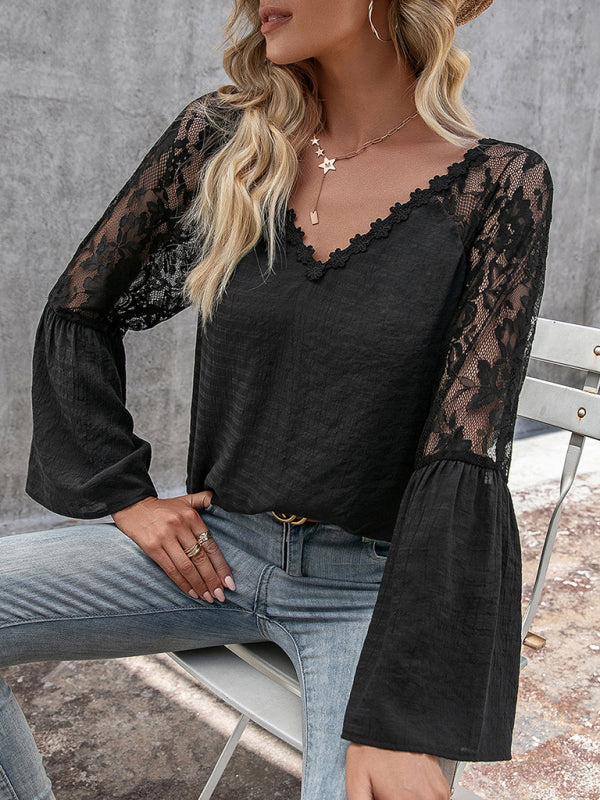 Roxie's solid color splicing see-through lace V-neck long-sleeved top BLUE ZONE PLANET