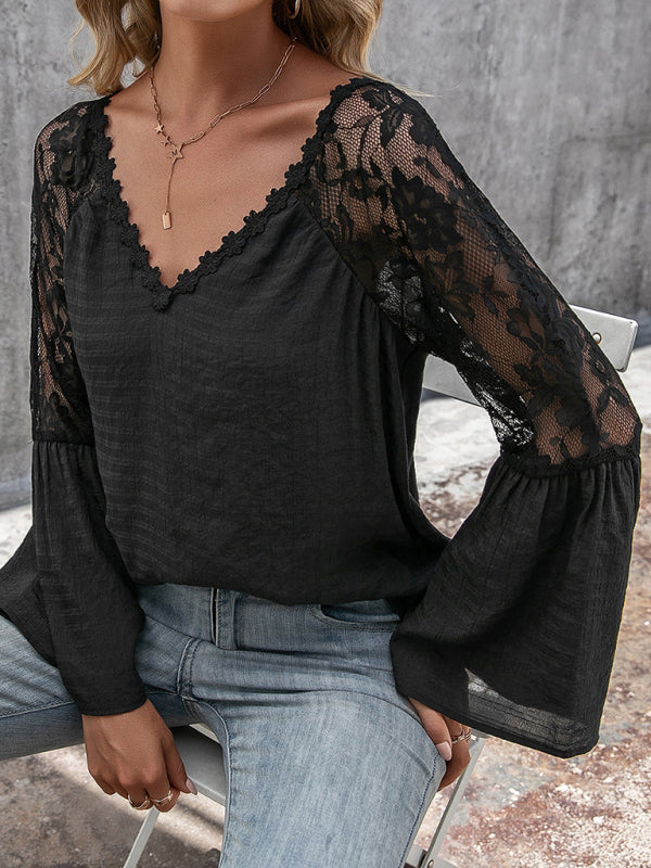 Roxie's solid color splicing see-through lace V-neck long-sleeved top BLUE ZONE PLANET