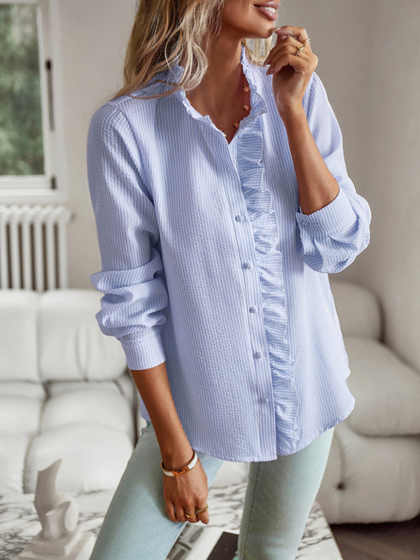 Blue Zone Planet |  Elegant commuter open button ruffle top BLUE ZONE PLANET