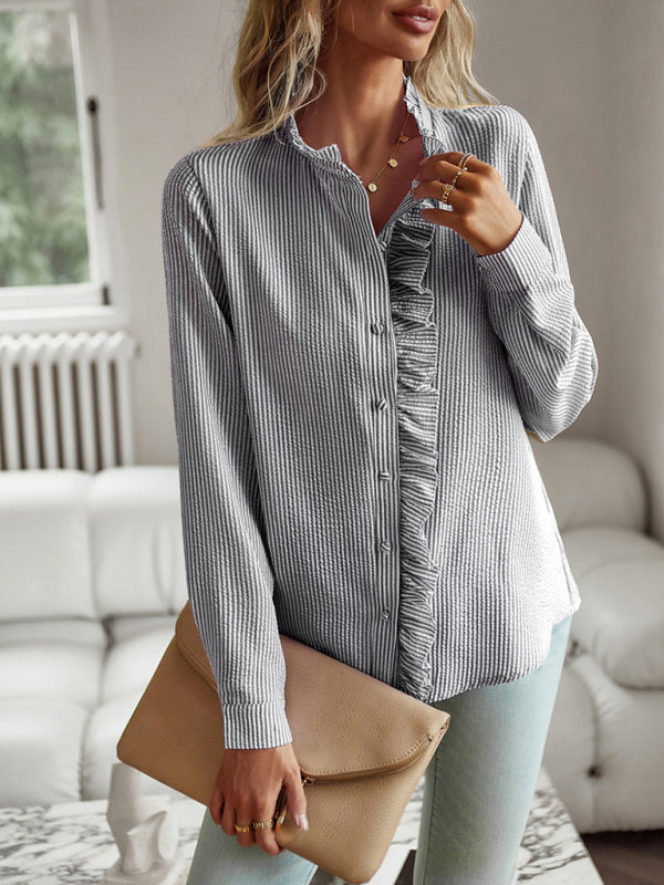 Blue Zone Planet |  Elegant commuter open button ruffle top BLUE ZONE PLANET