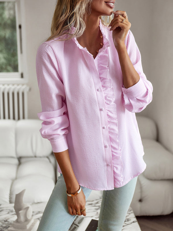 Blue Zone Planet |  Elegant commuter open button ruffle top BLUE ZONE PLANET