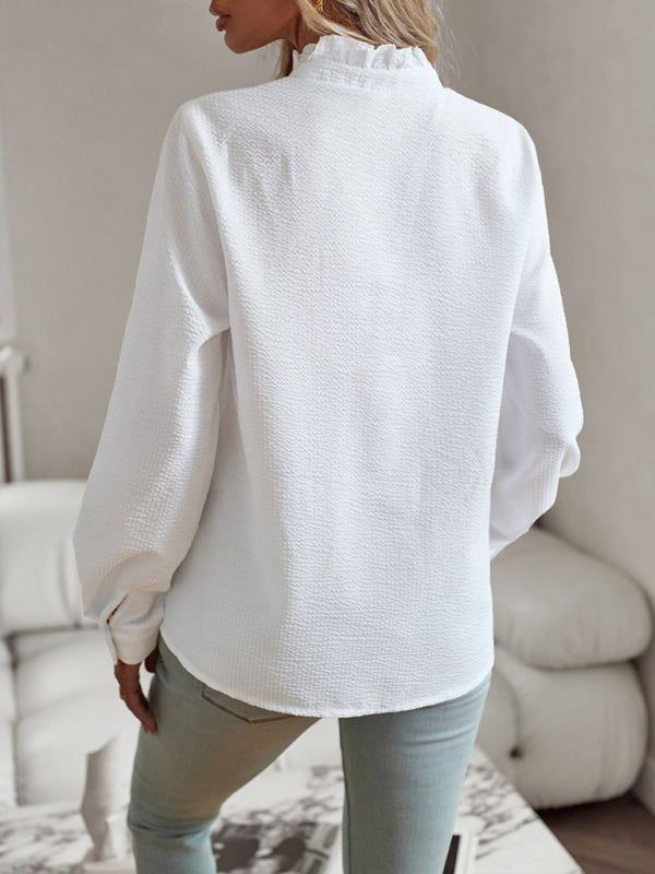 Blue Zone Planet |  Elegant commuter open button ruffle top BLUE ZONE PLANET