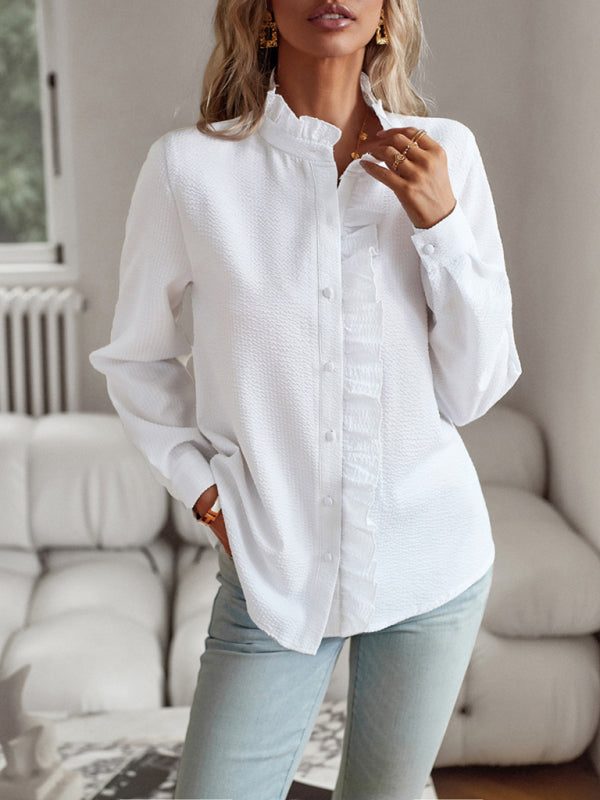 Blue Zone Planet |  Elegant commuter open button ruffle top BLUE ZONE PLANET